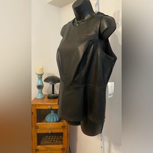➕bar lll plus Vegan Leather Peplum Sleeveless Top. Color: Deep Black. Size: 0X.
